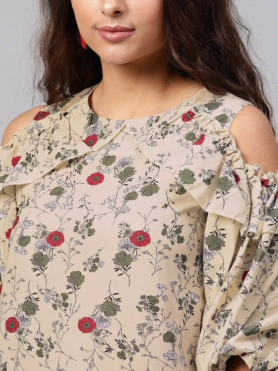 Floral Cold-Shoulder Top With Voluminous Sleeves