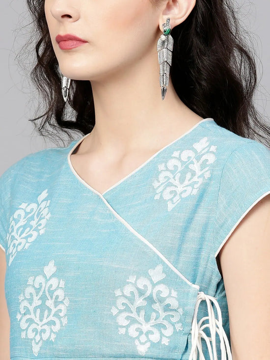 Blue Angarkha Layered Printed Chambray Kurta