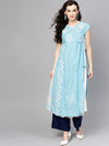 Blue Angarkha Layered Printed Chambray Kurta