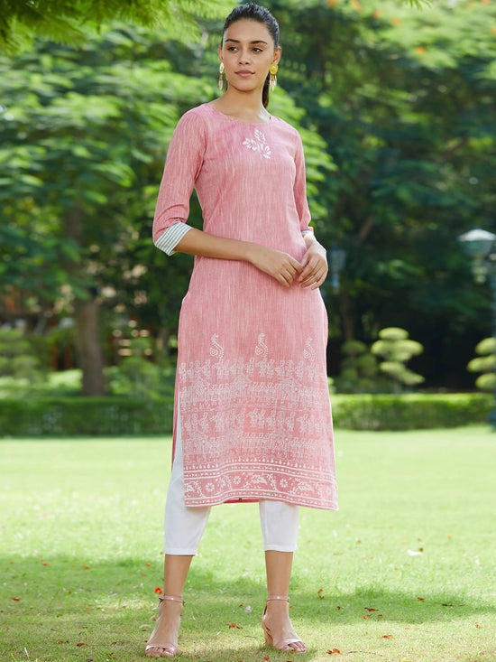 Pink Madhubani Block Printed Chambray Kurta