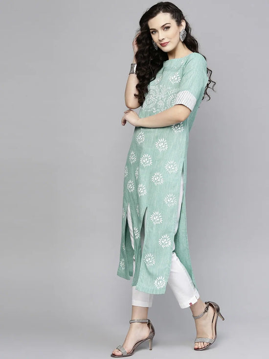 Green Pintucks Printed Chambray Kurta