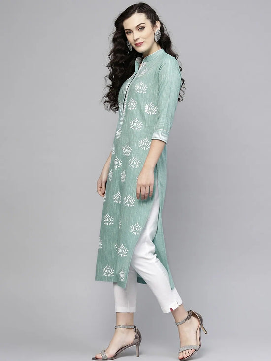 Green Lotus Printed Chambray Kurta