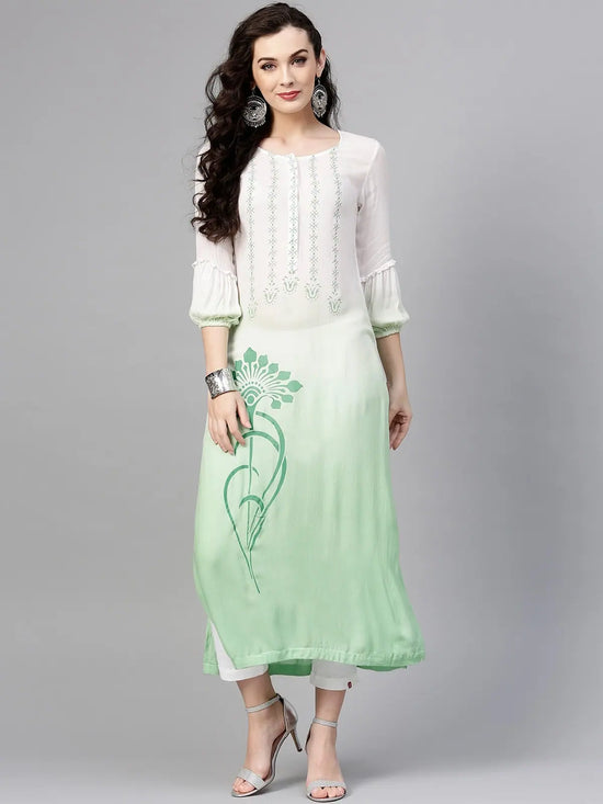 White Ombre Block Printed Stylized Sleeves Kurta