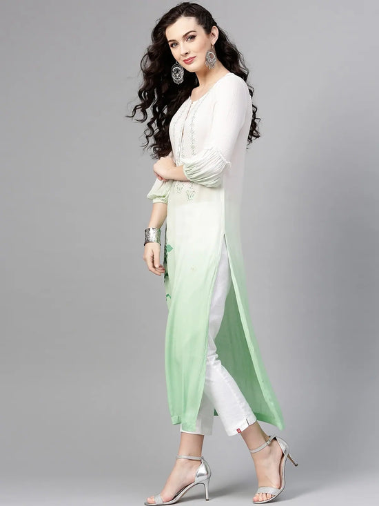 White Ombre Block Printed Stylized Sleeves Kurta