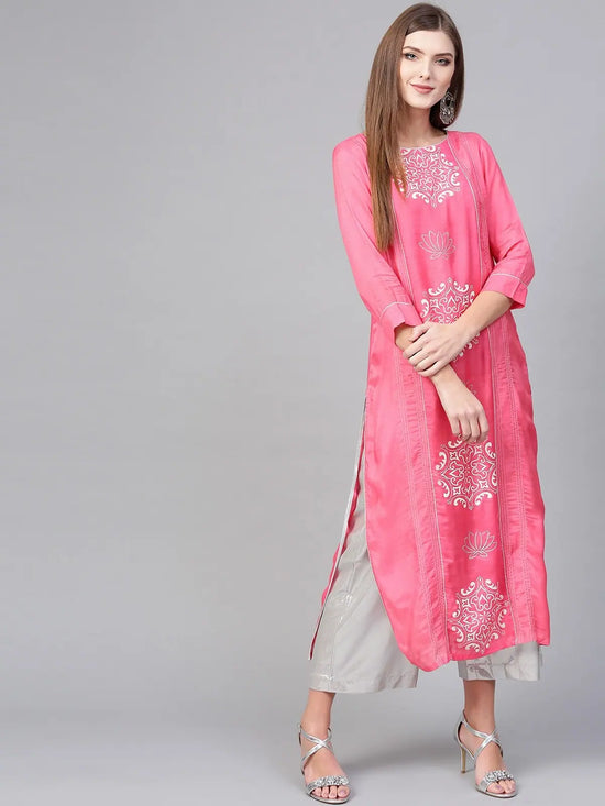 Pink Lotus Inspired Printed Panelled Kurta