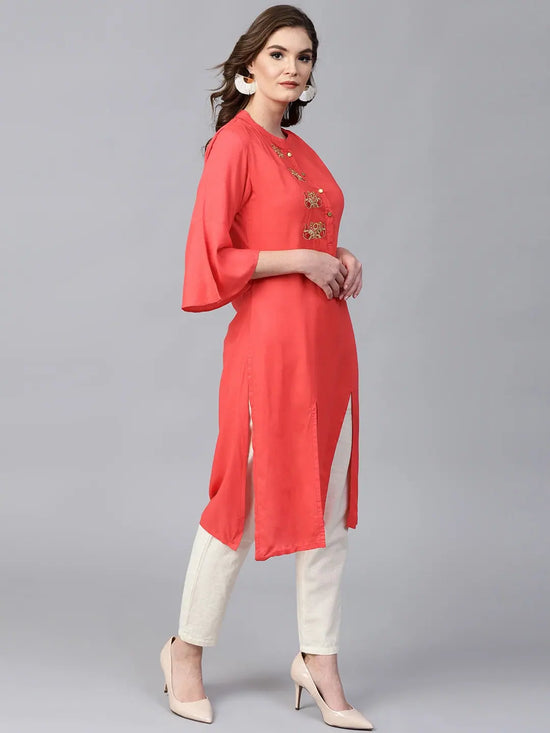 Red Embroidered Bell Sleeves Straight Kurta-NPK4197-XXL