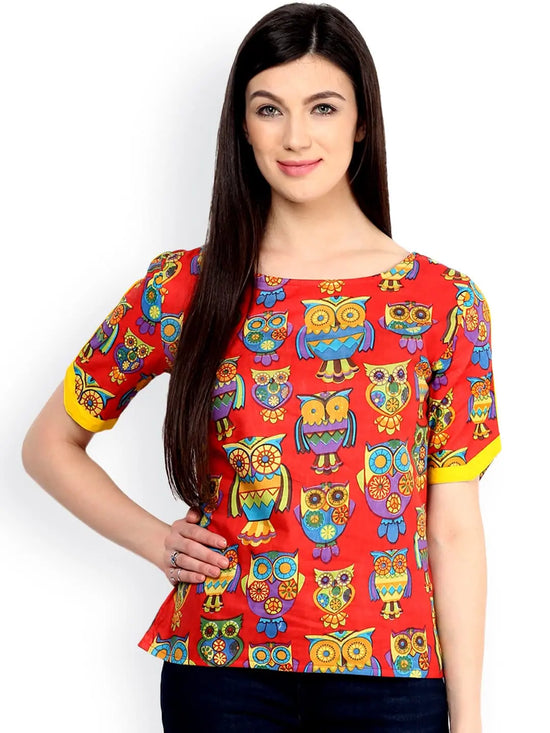 Pannkh Women's Owl Print Top-PKT3014RED-XS