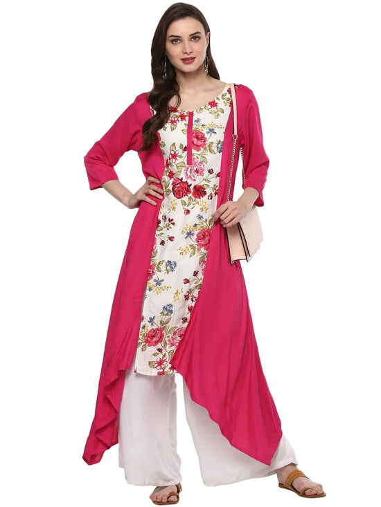 Pannkh Women's Floral Dipped Hem Kurta