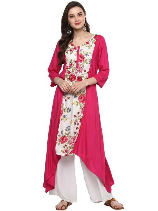 Pannkh Women's Floral Dipped Hem Kurta