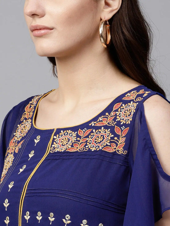 Blue Embroidered Sheer Asymmetric Kurta