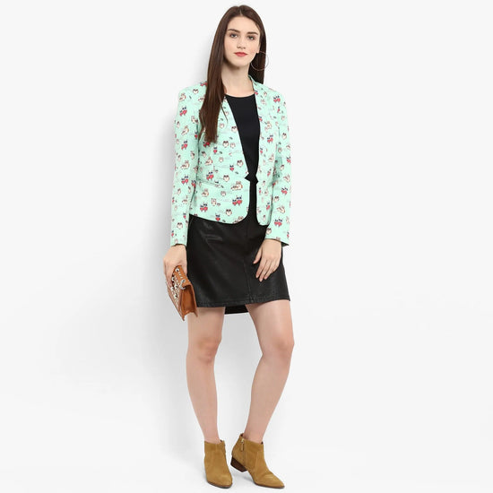 Green Allover Owl Print Blazer