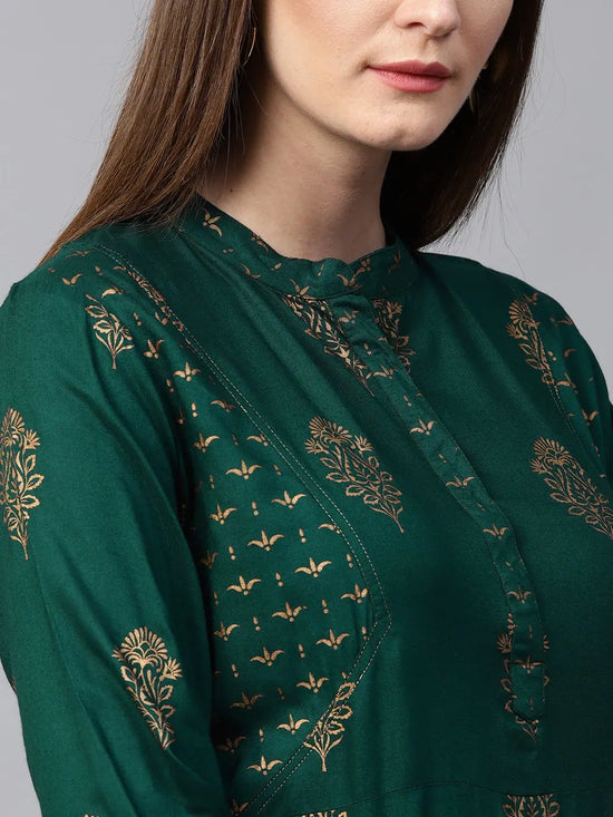 Green Golden Print Straight Kurta