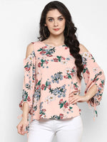 Peach Floral Cold Shoulder Top With Tie-up At Sleeves