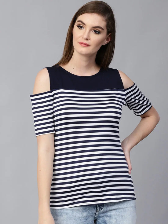 Pannkh Women's Breton Stripe Cold-Shoulder Top