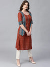 Womens Slub Printed Jacket Style Kurta