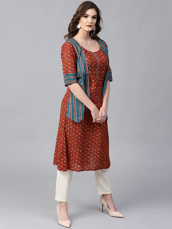 Womens Slub Printed Jacket Style Kurta