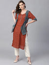 Womens Slub Printed Jacket Style Kurta