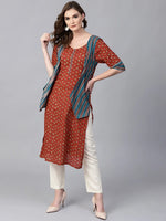 Womens Slub Printed Jacket Style Kurta