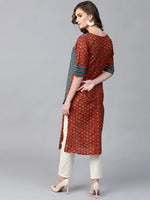 Womens Slub Printed Jacket Style Kurta