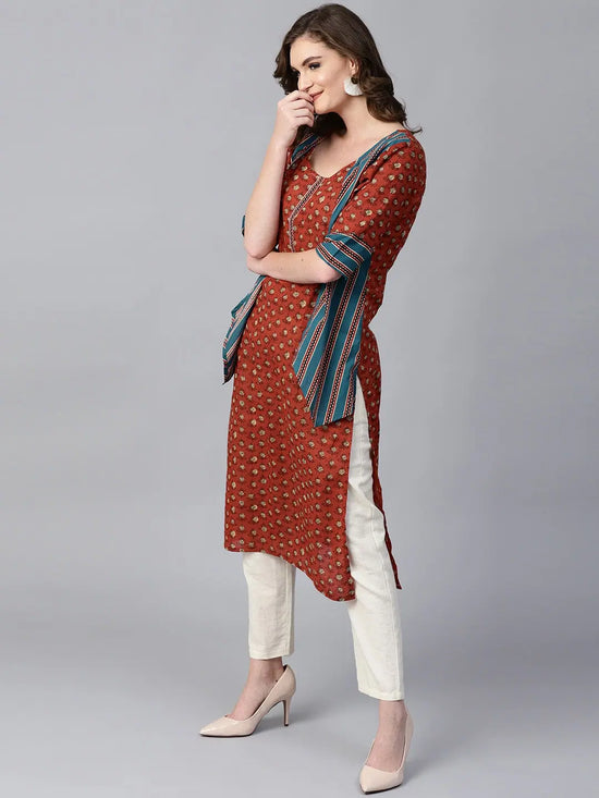 Womens Slub Printed Jacket Style Kurta