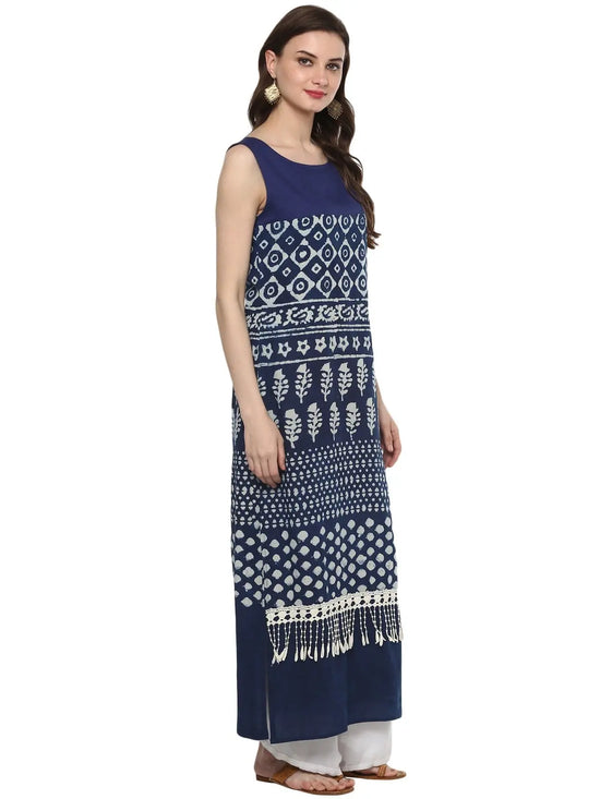 Pannkh Women's Indigo Dabu Hand Block Straight Kurta