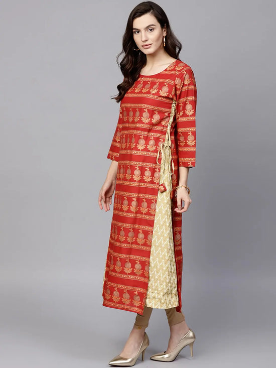 Pannkh Women's Gold Foil Print Layered Kurta