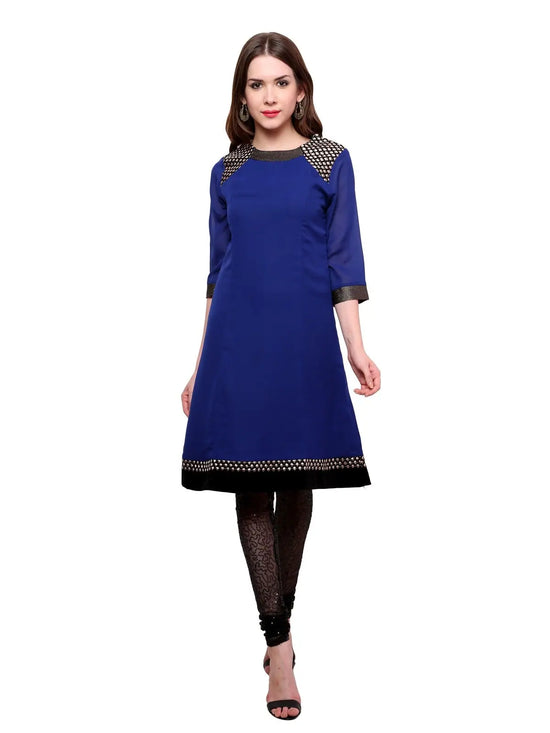 Pannkh Women's Shoulder Brocade Kurti-PK1123BLUE-S