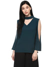 Pannkh Women's Neck Band Cold Shoulder Top-LAT5049GRN-XS