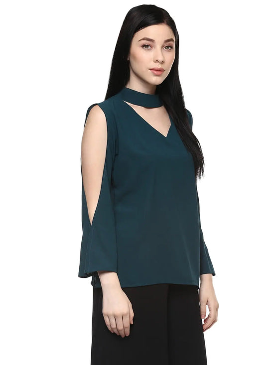 Pannkh Women's Neck Band Cold Shoulder Top-LAT5049GRN-XS