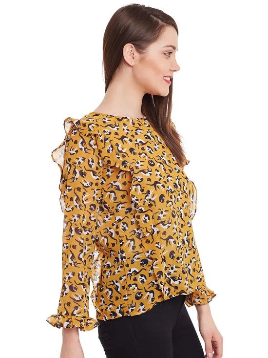 Pannkh Women's Cat Print Frill Top