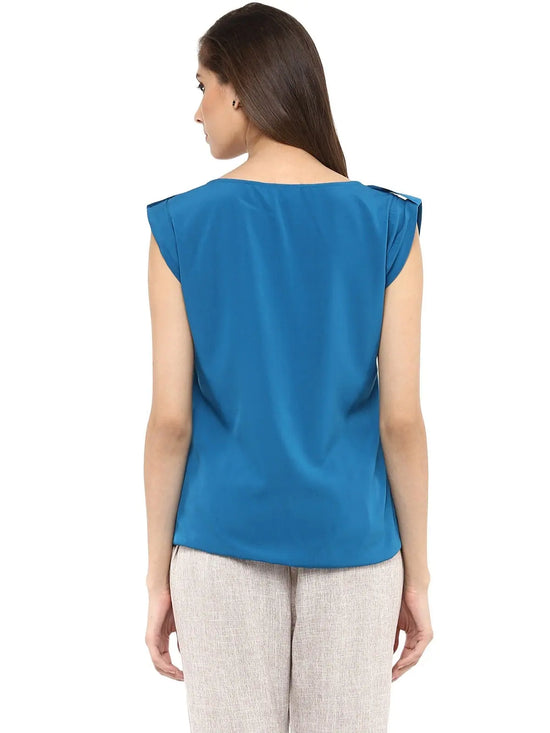 Pannkh Women's Blue Top With Fake Shoulder-Tab