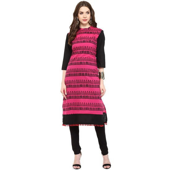 Block Print Kurti With Pom-Pom-PK1196PINK-S