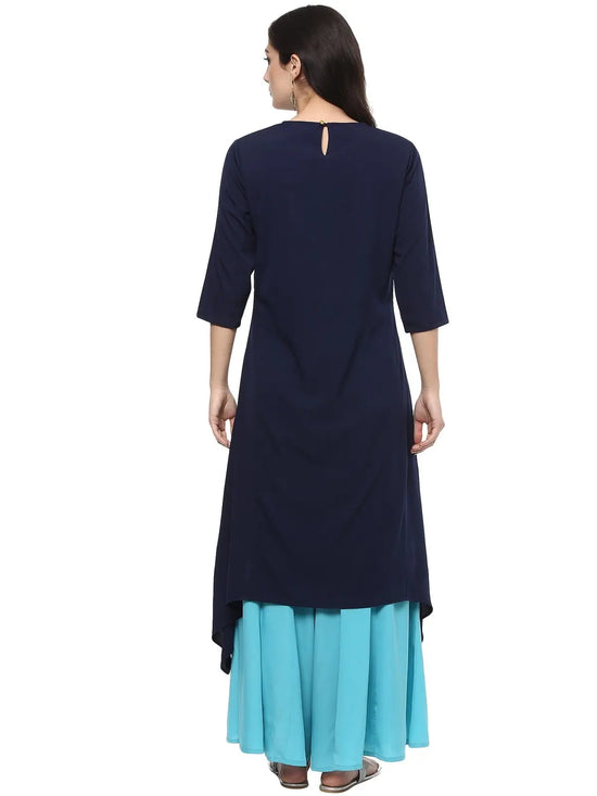 Pannkh Women's Placement Print Asymmetric Kurta-PK4124BLU-S