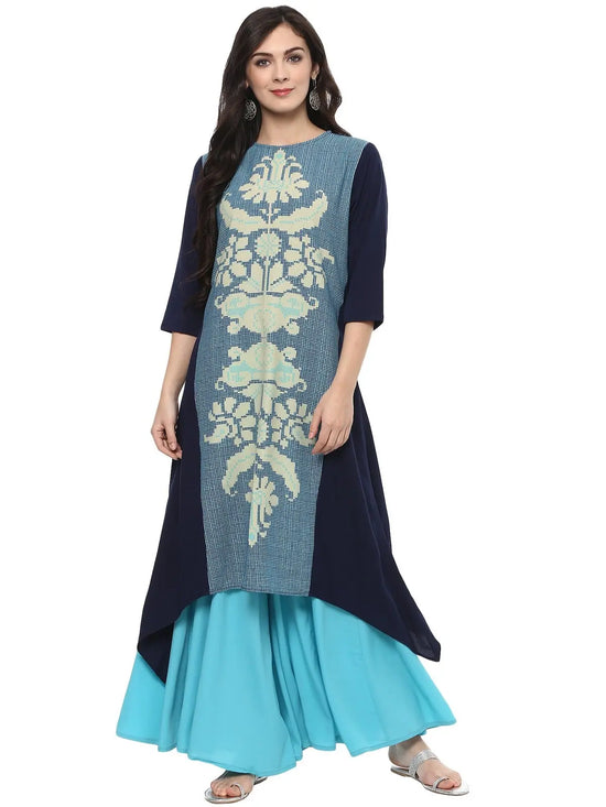 Pannkh Women's Placement Print Asymmetric Kurta-PK4124BLU-S