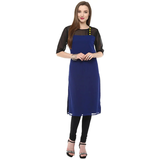 Pannkh Women's Sheer Yoke Kurti-PK1151BLUE-S