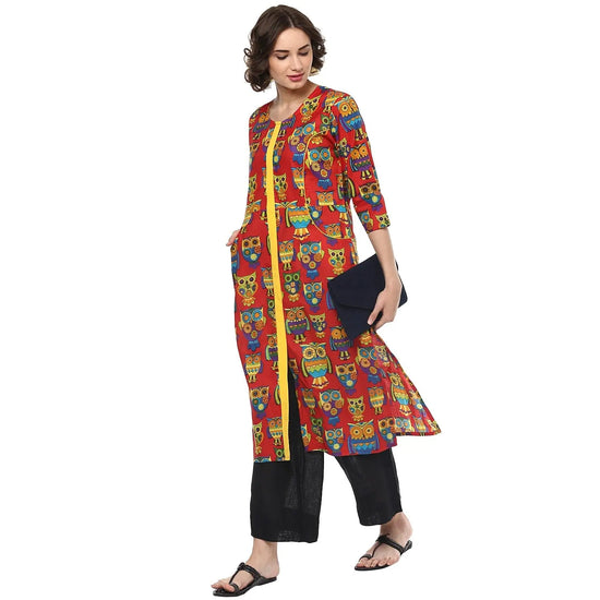 Pannkh Women's Owl Printed Pocket Kurta