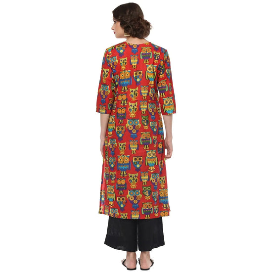 Pannkh Women's Owl Printed Pocket Kurta