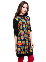 Pannkh Women's Black Owl Reversible Buttoned Kurti