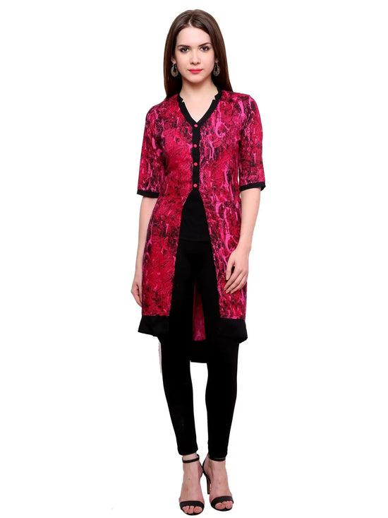 Pannkh Women's Abstract Print Jacket Kurti-PK1116PINK-S