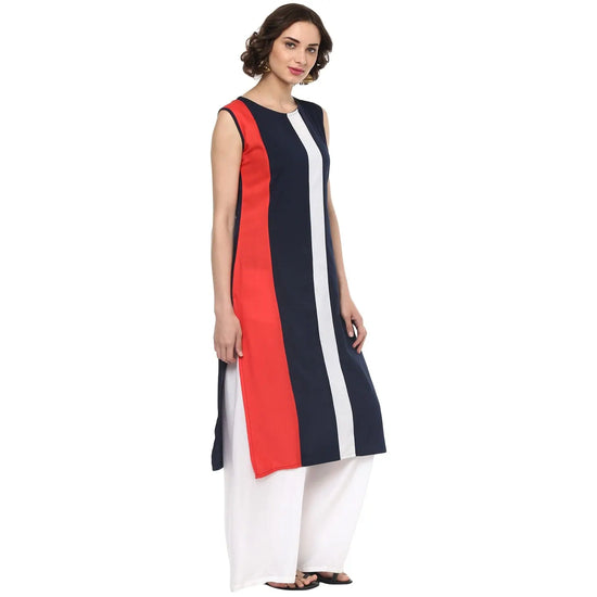 Pannkh Women's Vertical Color-Block Straight Kurta