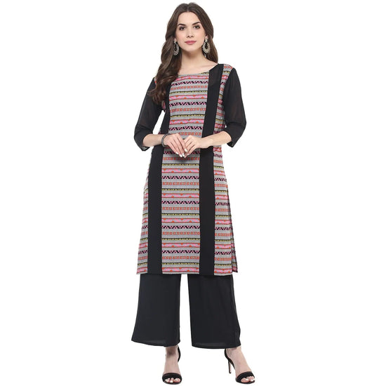 Pannkh Women's Dull Border Print Sheer Panel Kurti