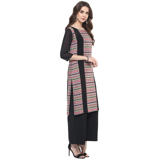 Pannkh Women's Dull Border Print Sheer Panel Kurti