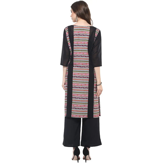 Pannkh Women's Dull Border Print Sheer Panel Kurti