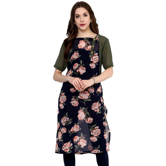 Pannkh Women's Navy Roses Print Kurti