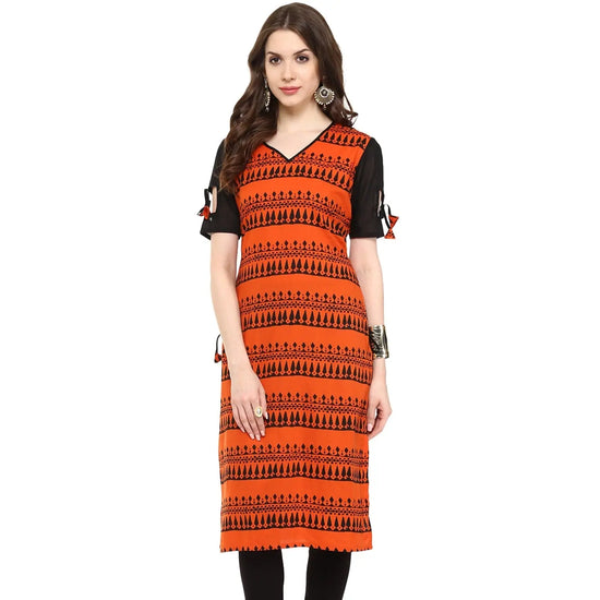 Pannkh Women's Border Window-Cut Printed Kurti-PK1195ORANGE-S