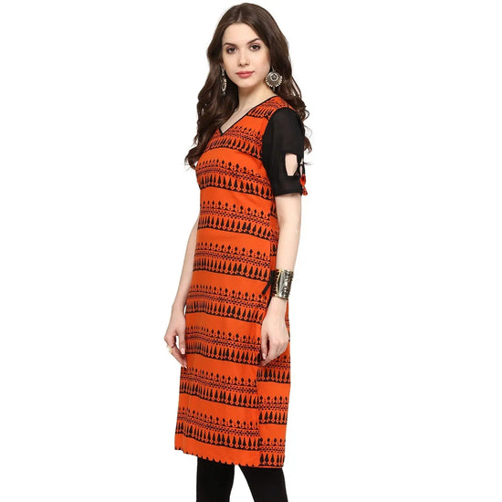 Pannkh Women's Border Window-Cut Printed Kurti-PK1195ORANGE-S