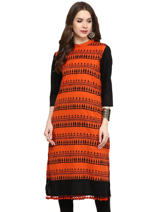 Block Print Kurti With Pom-Pom-PK1196ORANGE-S