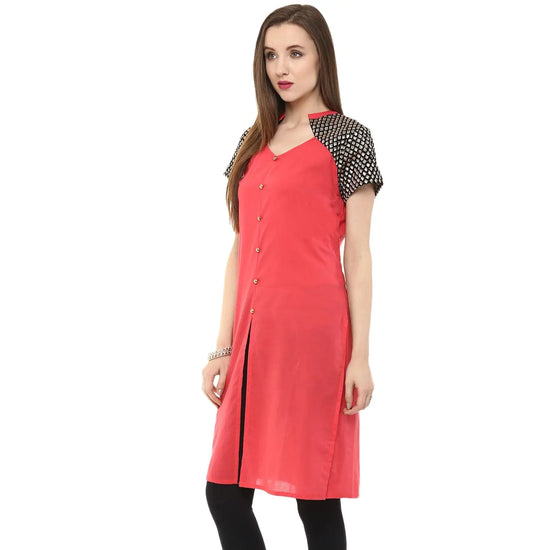 Pannkh Women's Buttoned Brocade Shoulder Yoke Kurti-PK1130CORALX-S