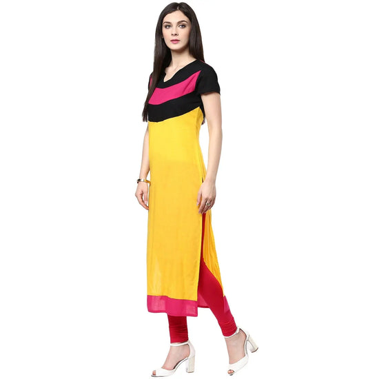 Pannkh Women's Yellow Color Block Kurti