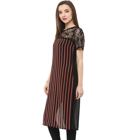 Pannkh Women's Stripped and Lace Kurti